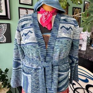 Vintage 70s Blue space dye Cardigan with Matching belt